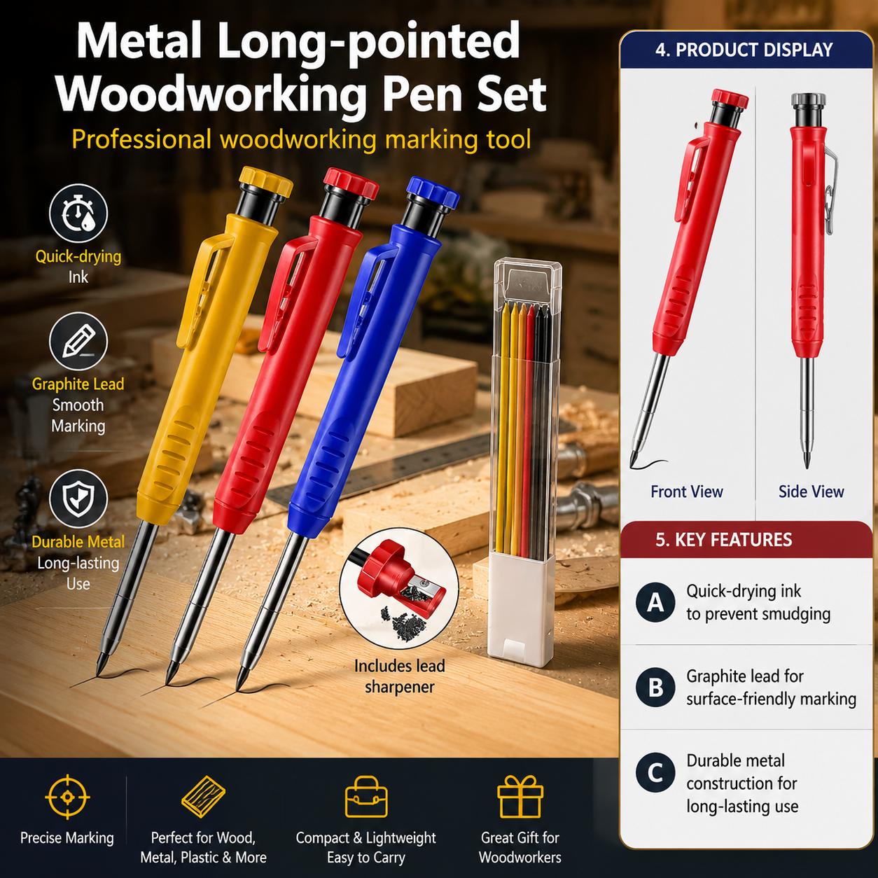 Marking Tools In Workshop - Zestaw metalowych ołówków mechanicznych z długą